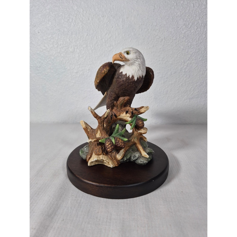 Vintage Porcelain Bald Eagle Figurine on Wood Base Pinecone Branch Sculpture